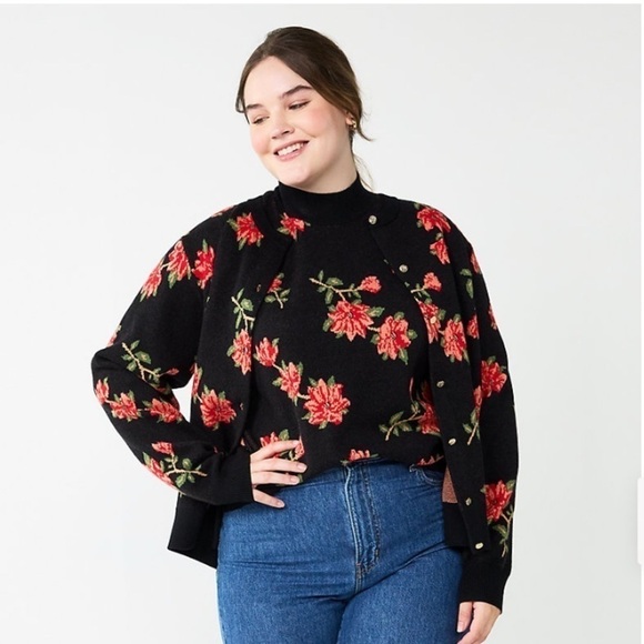Draper James Long Sleeve Southern Inspired Cardigan Black Red Floral Wms Size 1X - Picture 1 of 3